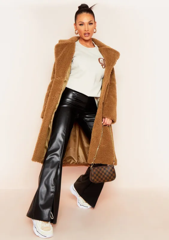 Bella Camel Longline Borg Fur Coat sold by Missy Empire