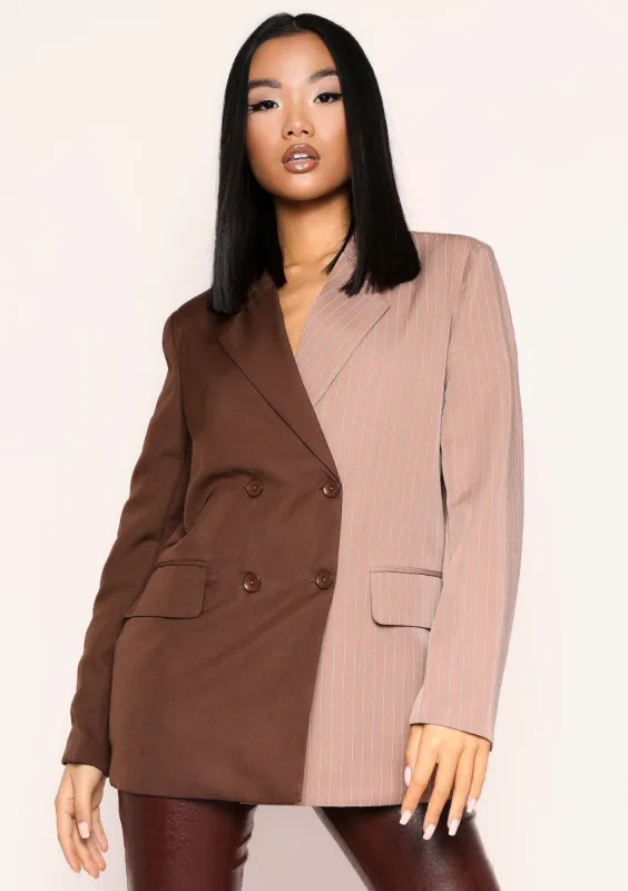 Larna Nude Pinstripe Spliced Double Breasted Longline Blazer sold by Missy Empire