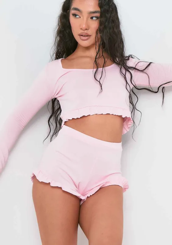 Louise Pink Frill Edge Long Sleeve Top & Short Pyjama Set sold by Missy Empire