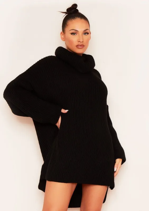 Courtney Black Roll Neck Knitted Dip Hem Jumper Dress sold by Missy Empire