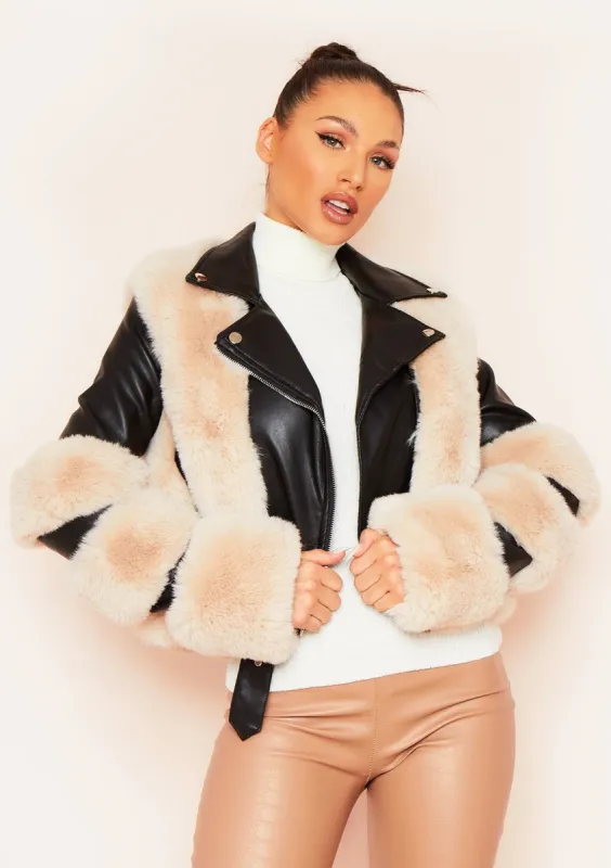 Claudia Black Faux Fur Leather Biker Jacket sold by Missy Empire