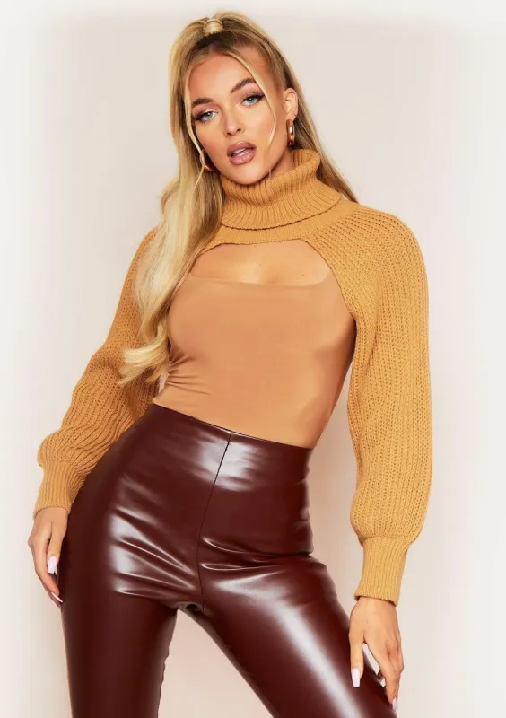 Ruth Camel Extreme Crop Roll Neck Knitted Sleeve Top sold by Missy Empire