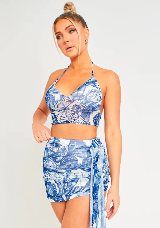 Lily Blue Butterfly Print Halter Neck Mesh Top sold by Missy Empire