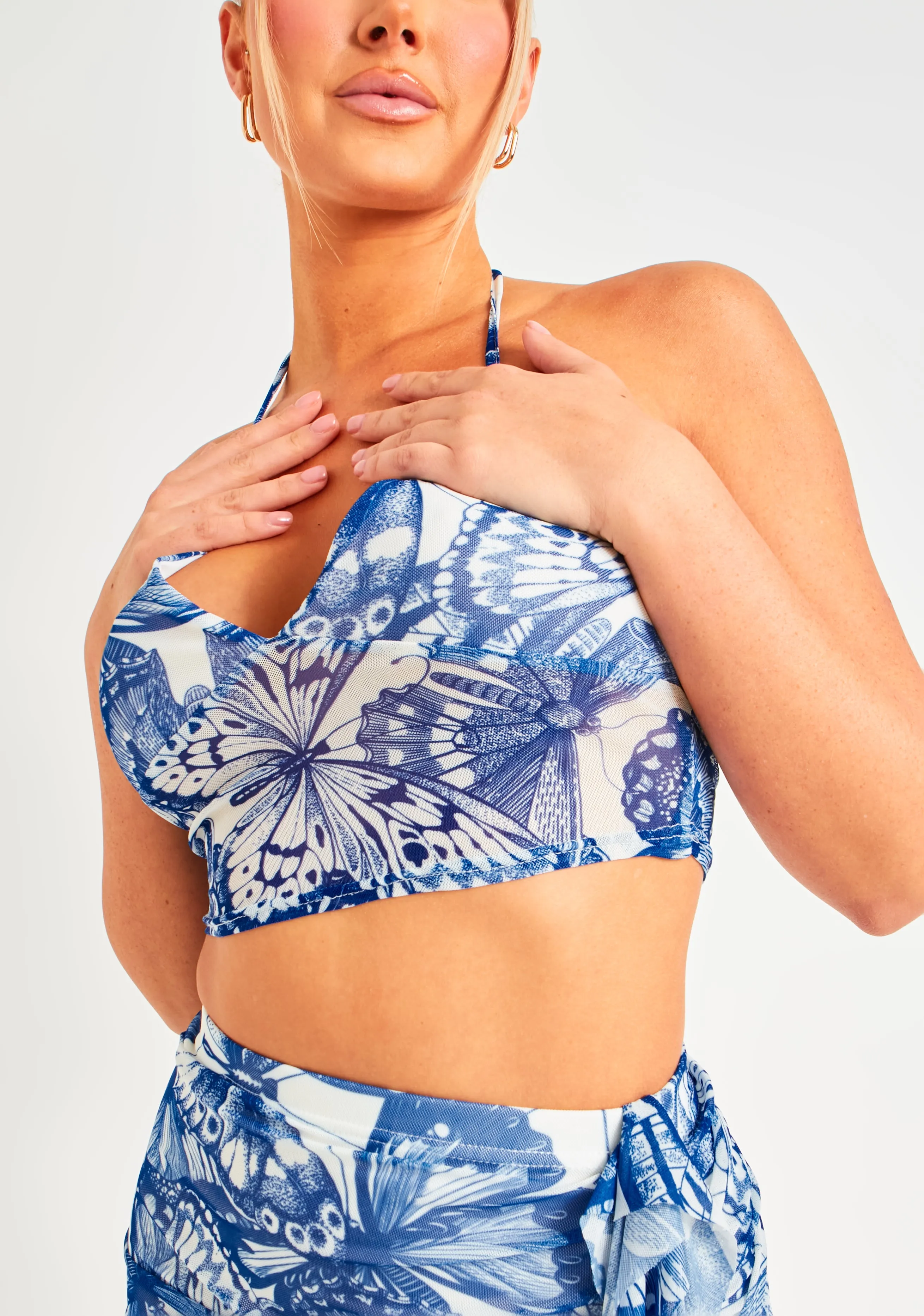 Lily Blue Butterfly Print Halter Neck Mesh Top sold by Missy Empire product image thumbnail 2