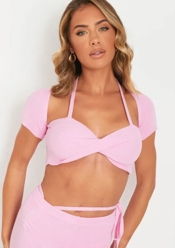 Anna Pink Twist Front Cap Sleeve Crop Top made by Missy Empire
