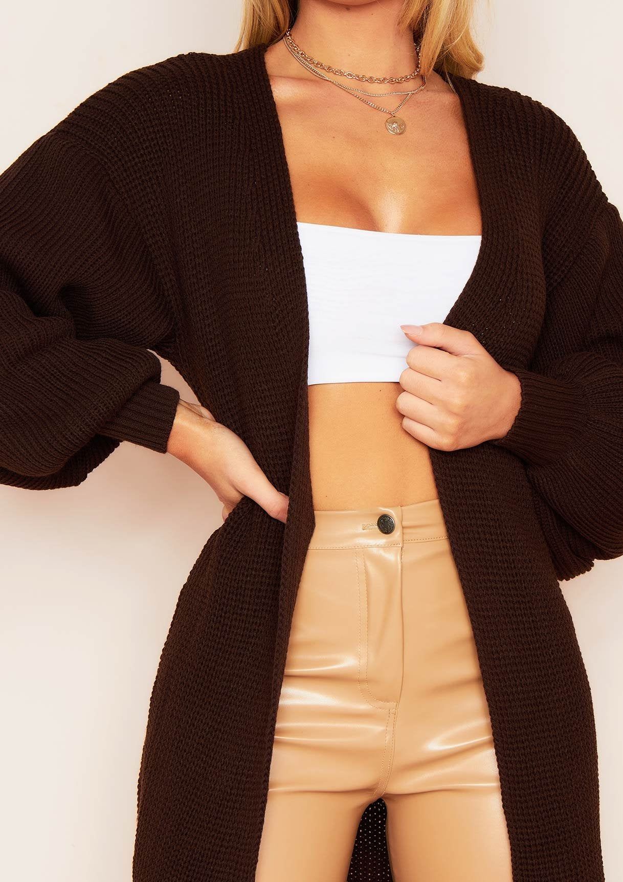 Jimena Chocolate Balloon Sleeve Knitted Cardigan sold by Missy Empire product image thumbnail 4