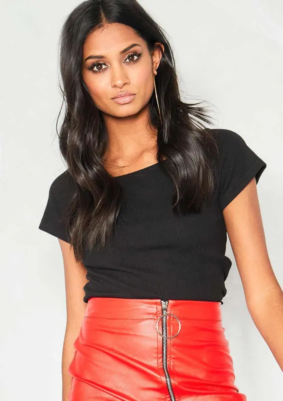 Malika Black Ribbed Bardot Top sold by Missy Empire
