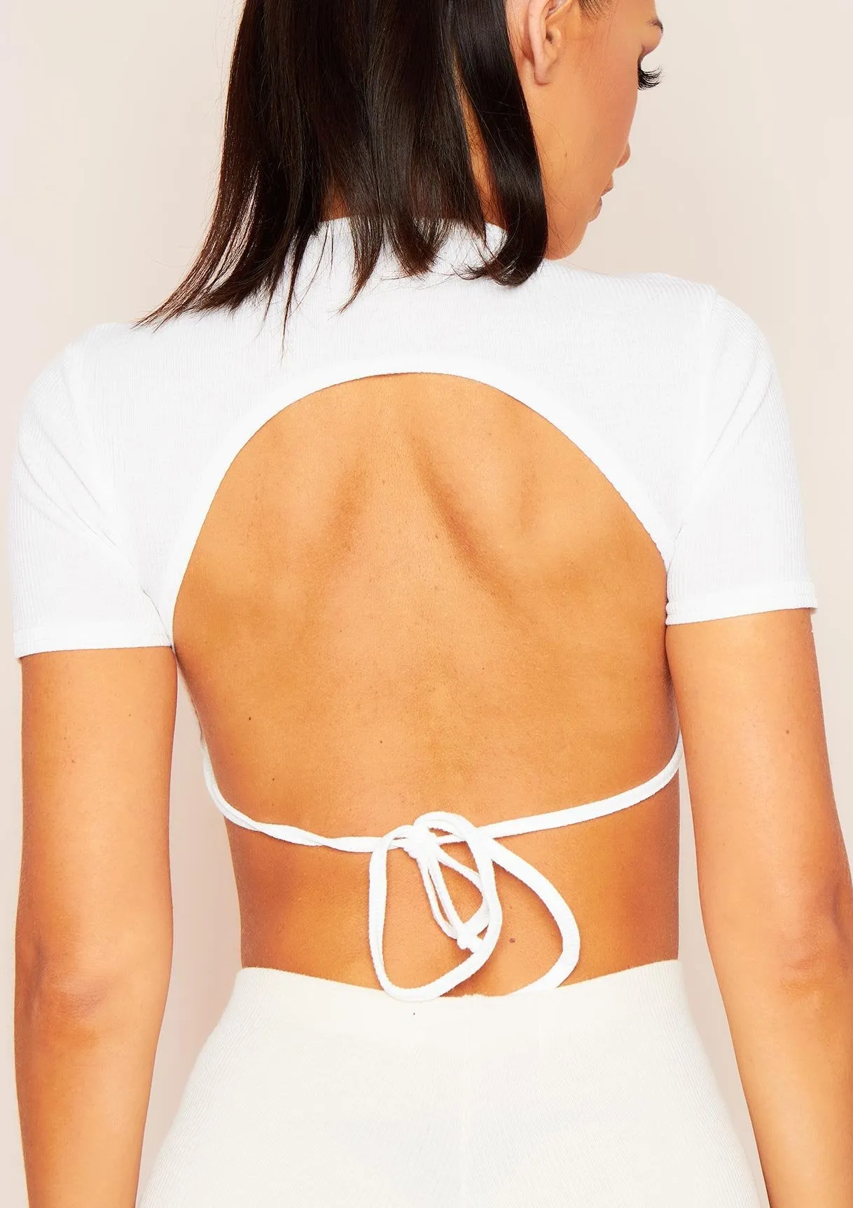 Mandy White Tie Back Cropped Ribbed T-Shirt sold by Missy Empire product image thumbnail 2