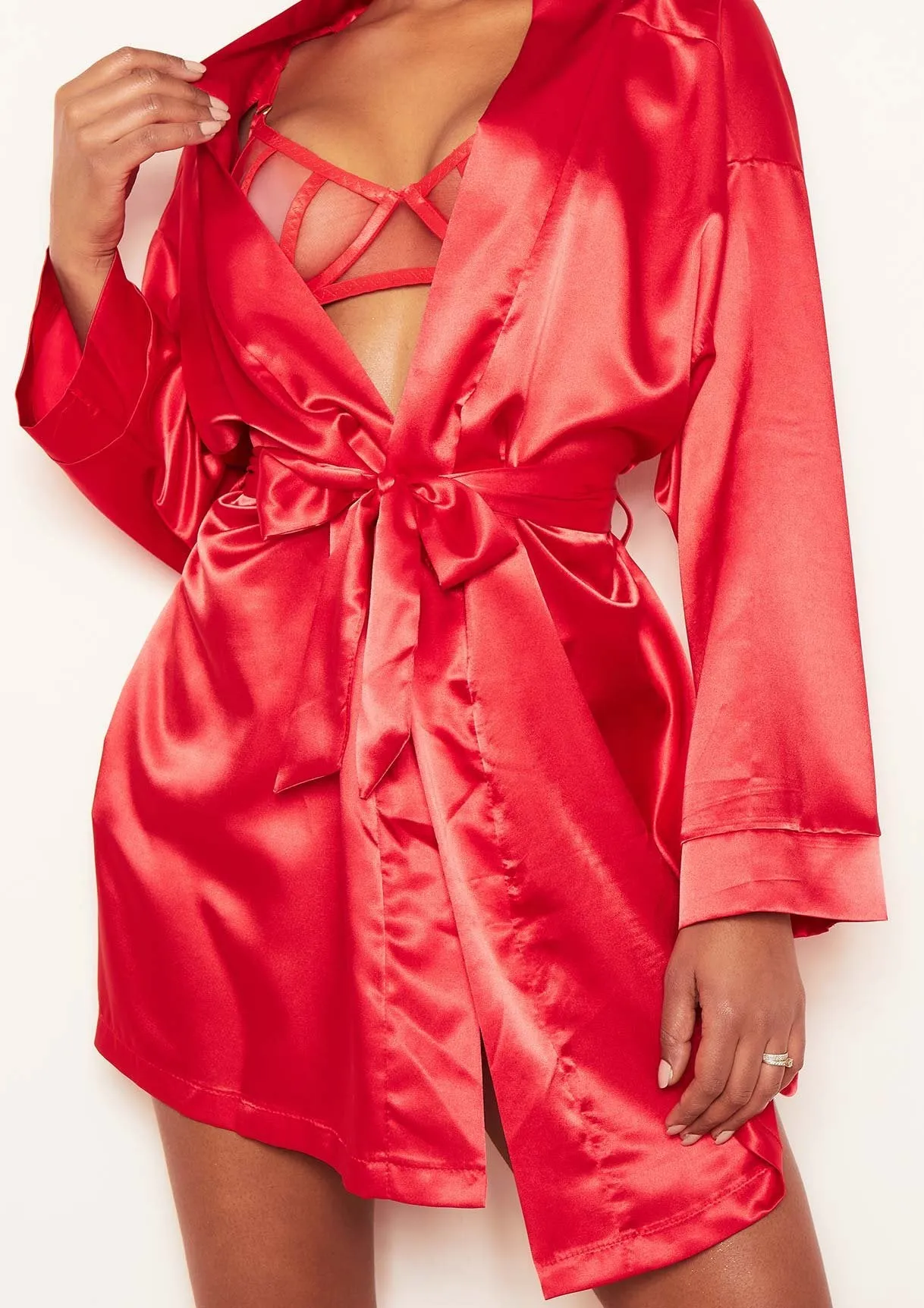 Demi Red Satin Tie Waist Robe sold by Missy Empire