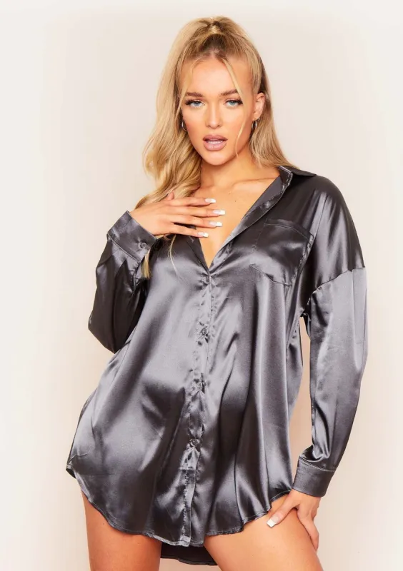 Mira Charcoal Satin Oversized Shirt Dress sold by Missy Empire
