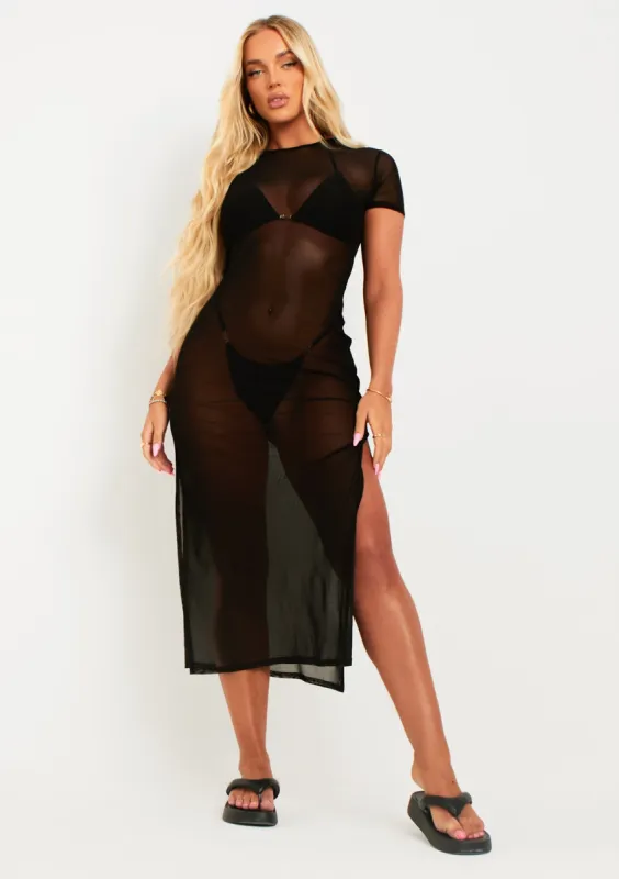 Layla Black Mesh Fitted Midaxi Dress made by Missy Empire