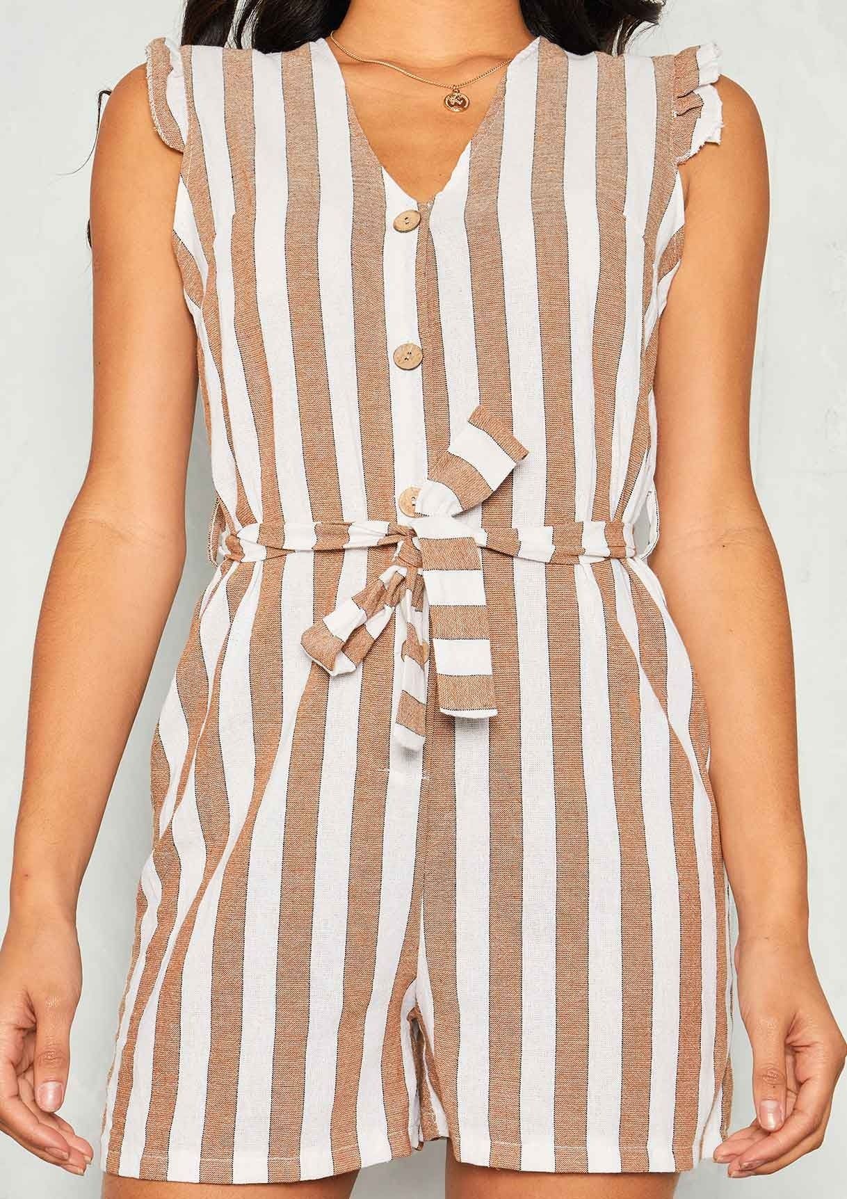 Renea Brown Stripe Belted Button Playsuit sold by Missy Empire product image thumbnail 2