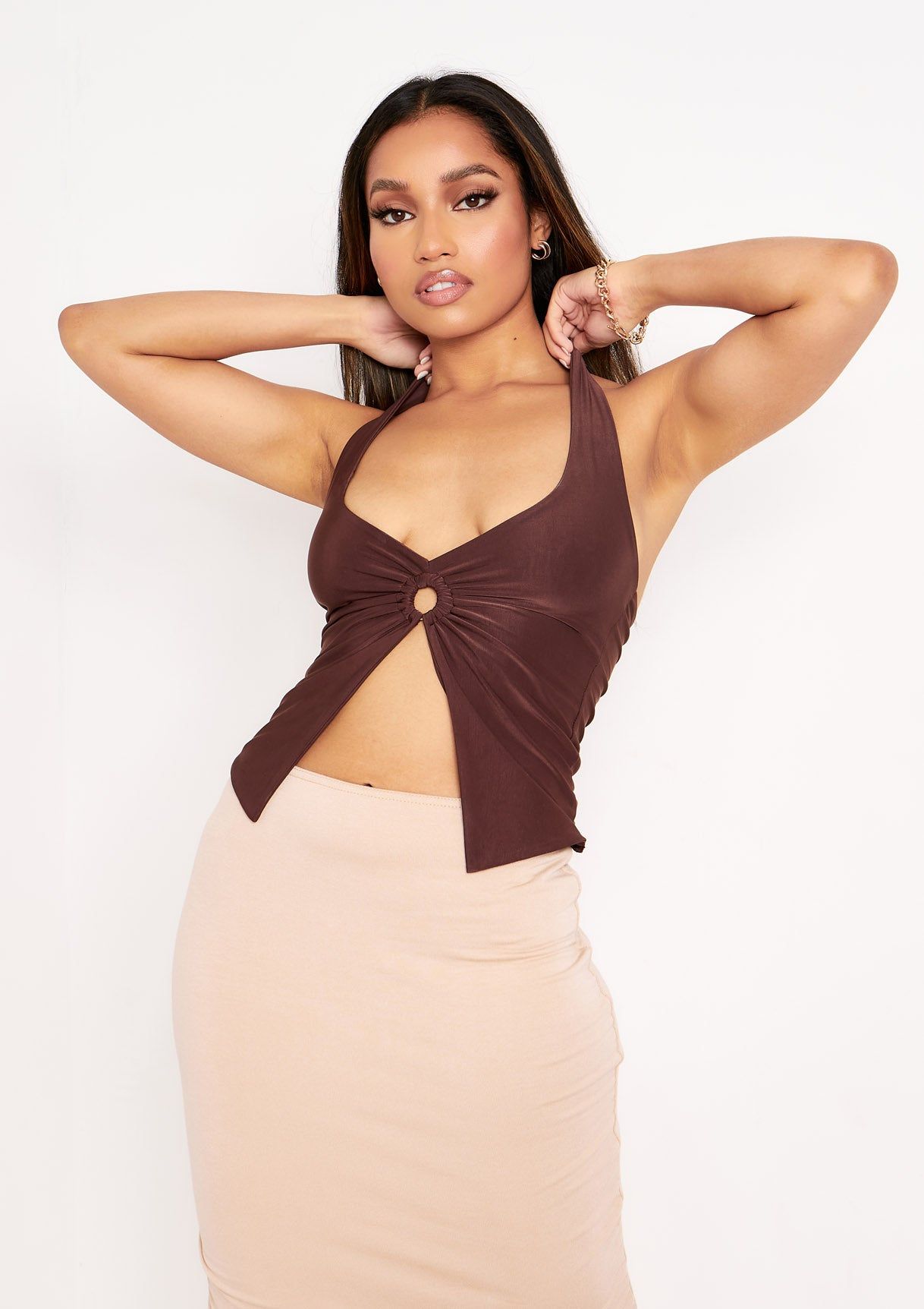 Chelsea Chocolate Halterneck Ring Top sold by Missy Empire