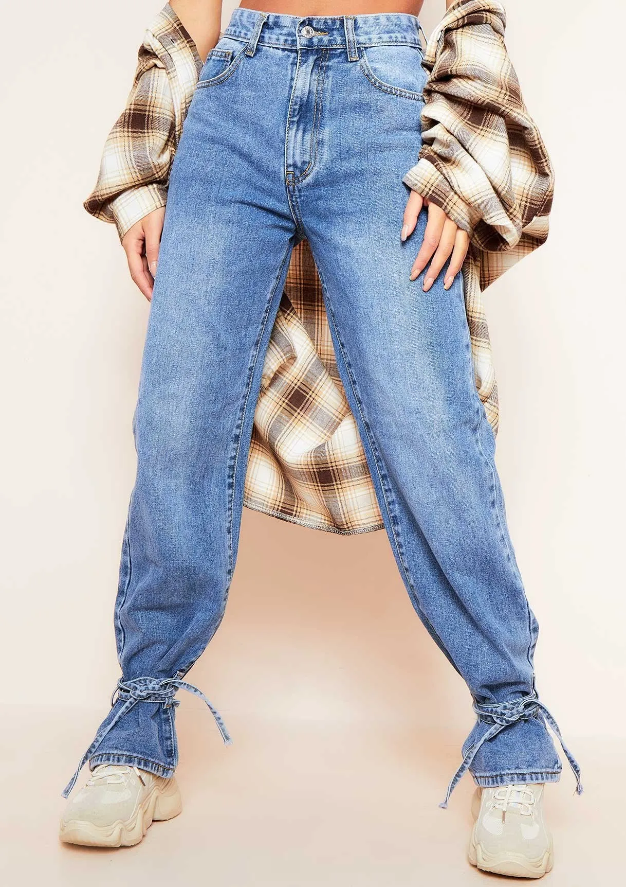 Cici Denim Mid Wash Tie Hem Straight Leg Jeans sold by Missy Empire product image thumbnail 2