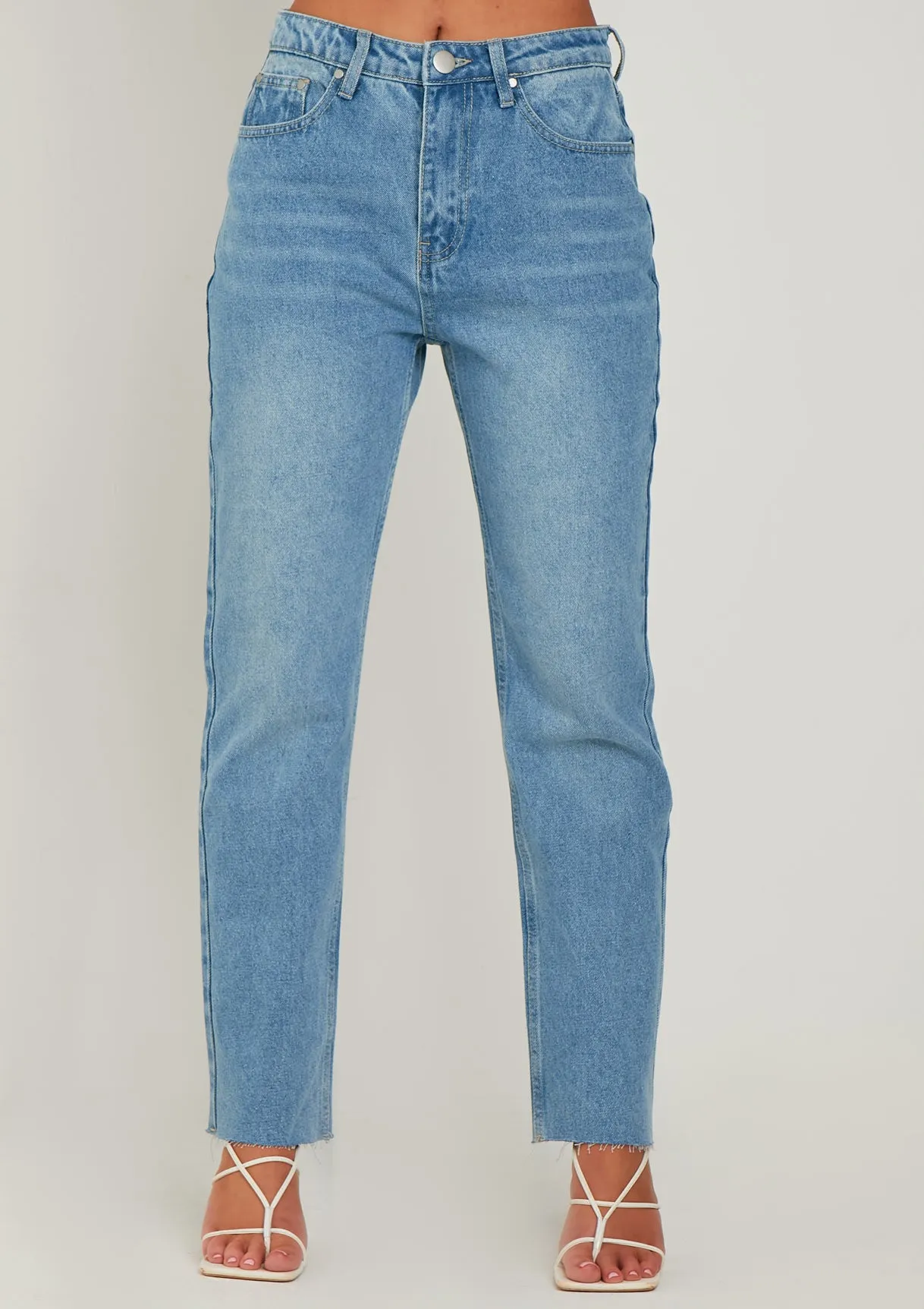 Olivia Mid Wash Blue Raw Hem Denim Mom Jeans sold by Missy Empire product image thumbnail 2