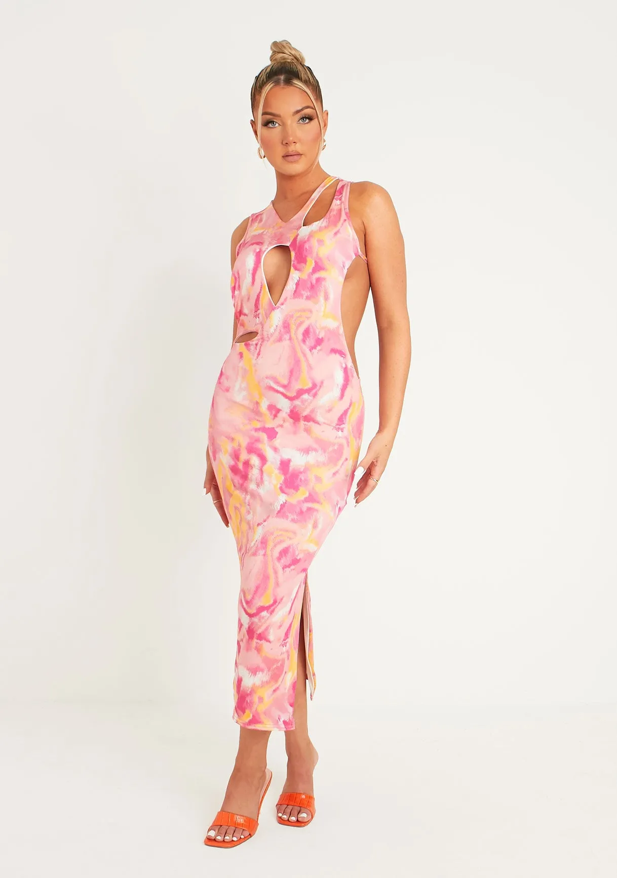 Aniyah Pink Abstract Print Midaxi Cut Out Dress sold by Missy Empire product image thumbnail 2