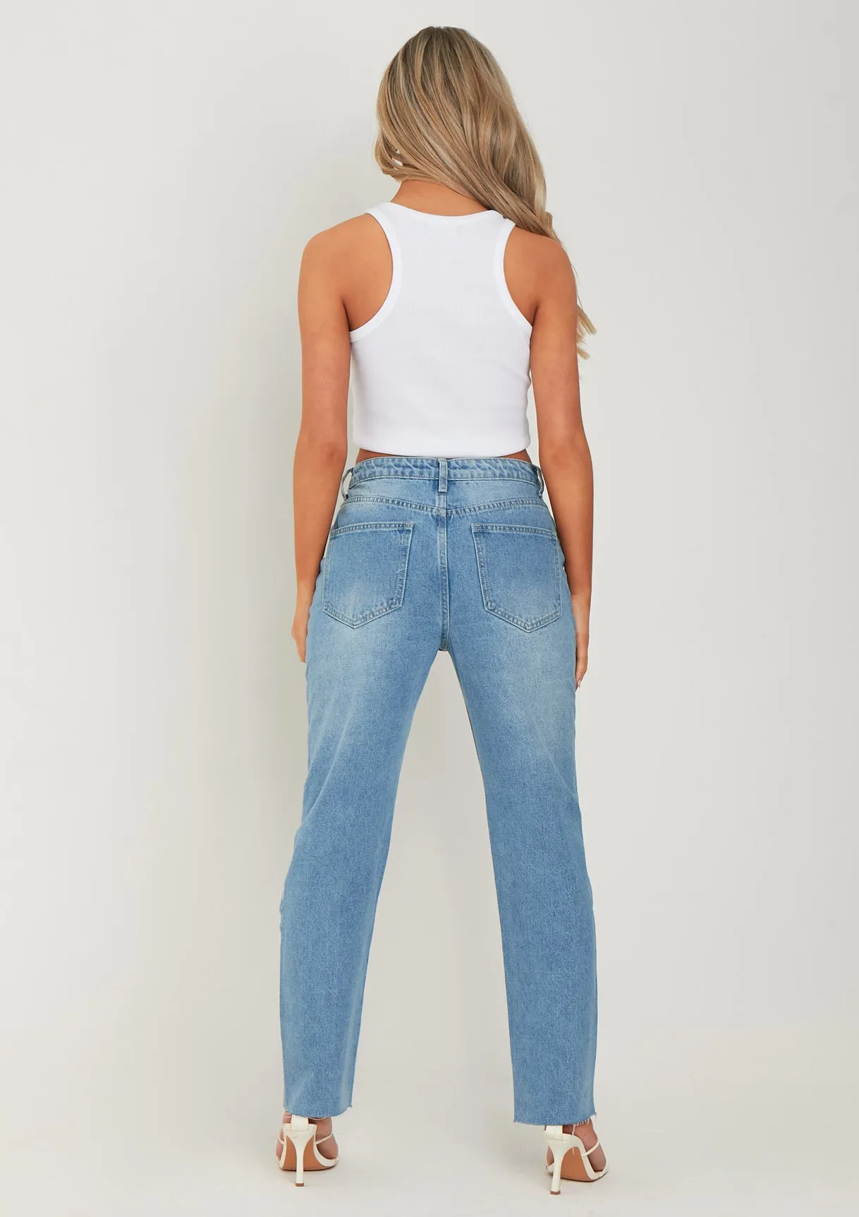 Olivia Mid Wash Blue Raw Hem Denim Mom Jeans sold by Missy Empire product image thumbnail 4
