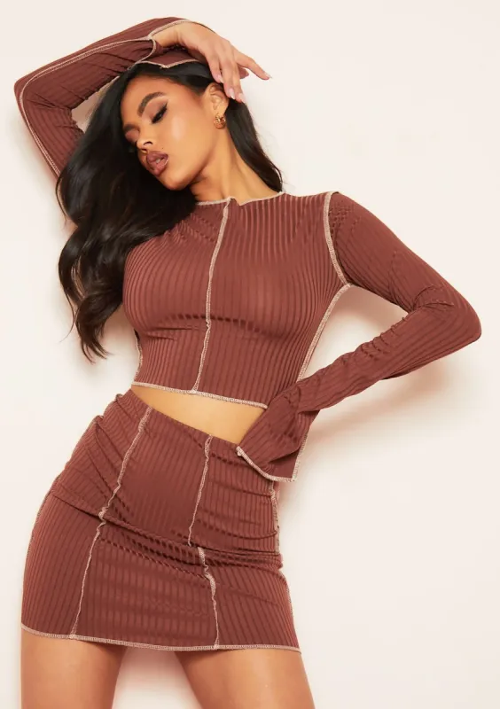Rae Chocolate Contrast Stitch Slit Sleeve Ribbed Crop Top sold by Missy Empire