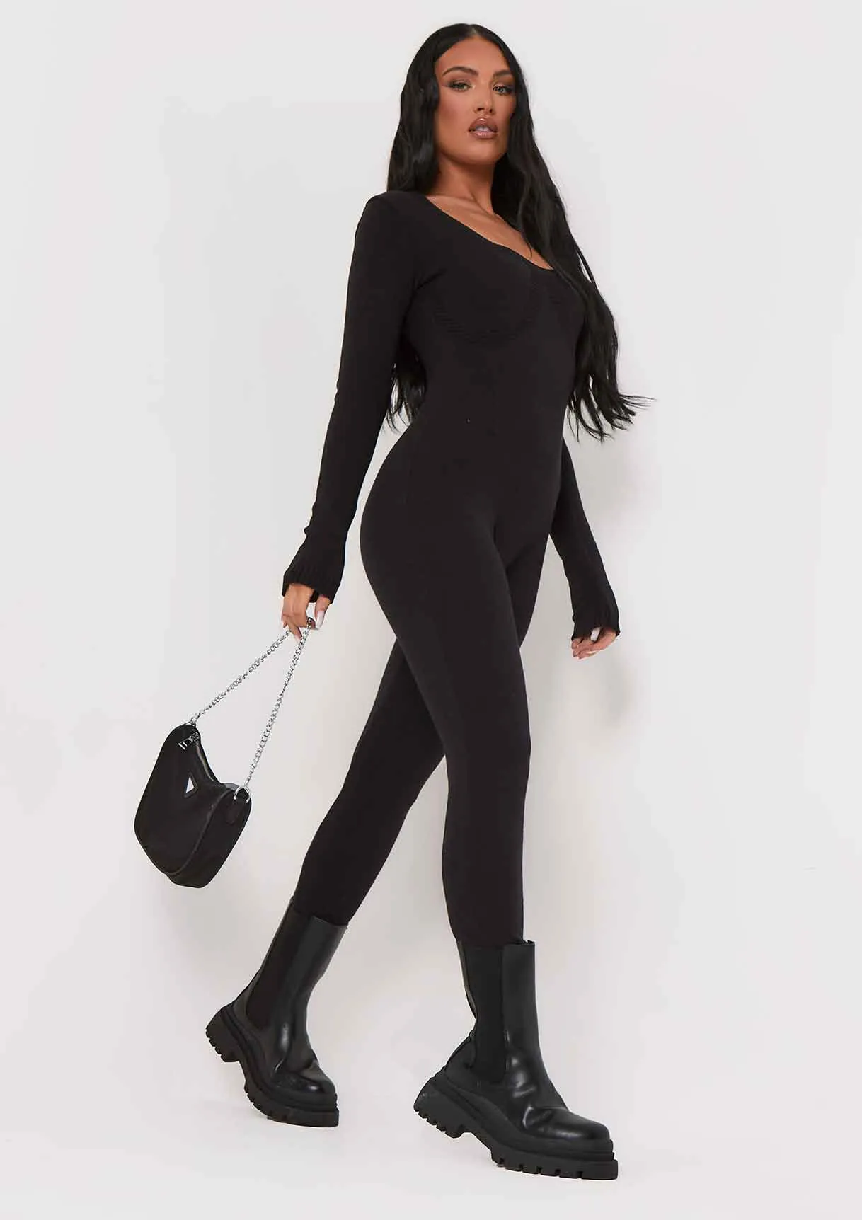 Savannah Black Knitted Long Sleeve Jumpsuit sold by Missy Empire