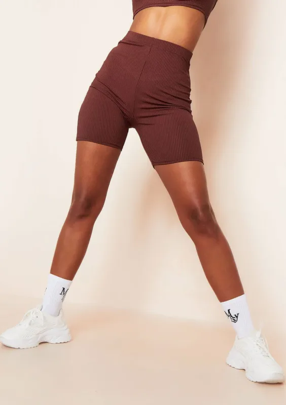 Violet Chocolate Ribbed Cycle Shorts sold by Missy Empire