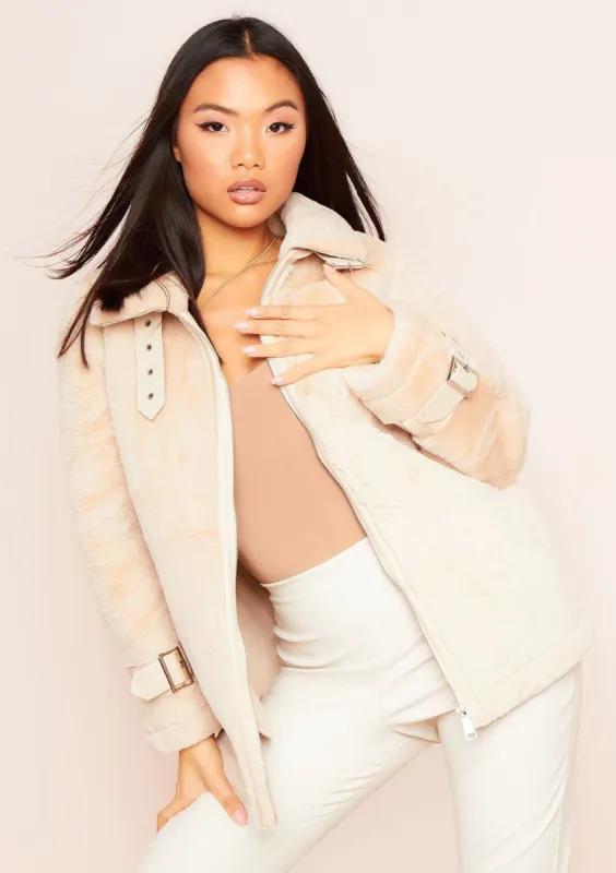Louisa Cream Faux Fur Aviator Jacket sold by Missy Empire