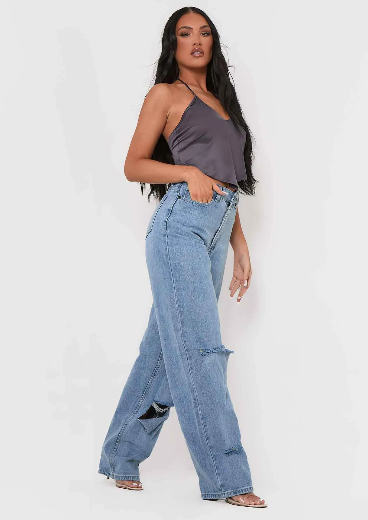 Aliyah Grey Cross Strap Satin Tie Pointed Hem Top sold by Missy Empire product image thumbnail 4