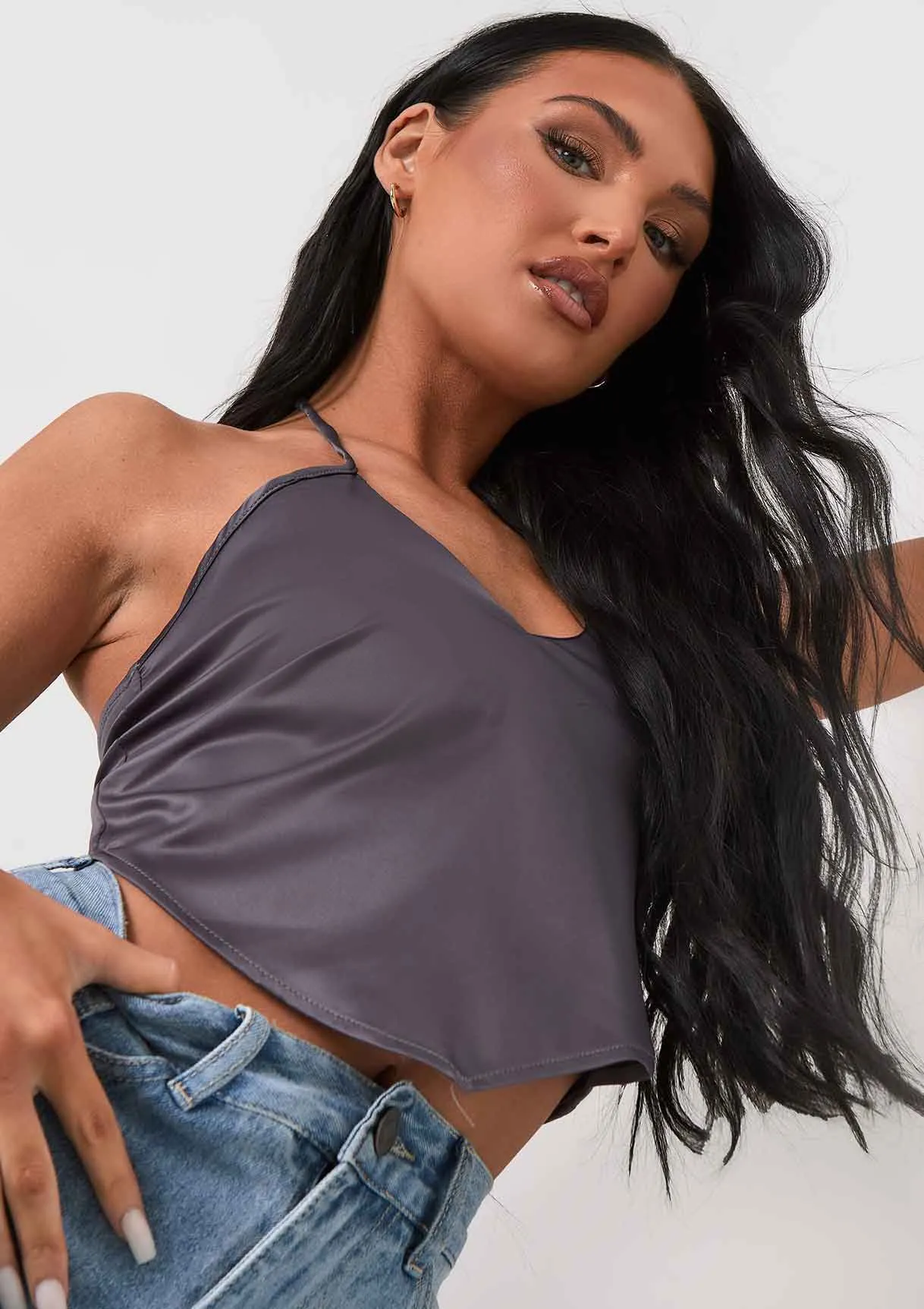 Aliyah Grey Cross Strap Satin Tie Pointed Hem Top sold by Missy Empire product image thumbnail 2