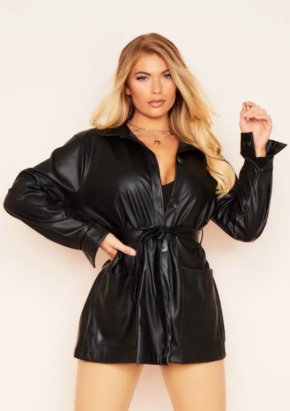 Cila Black PU Belted Jacket sold by Missy Empire