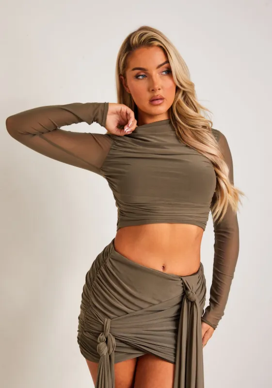 Mariah Khaki Mesh Long Sleeve Crop Top sold by Missy Empire