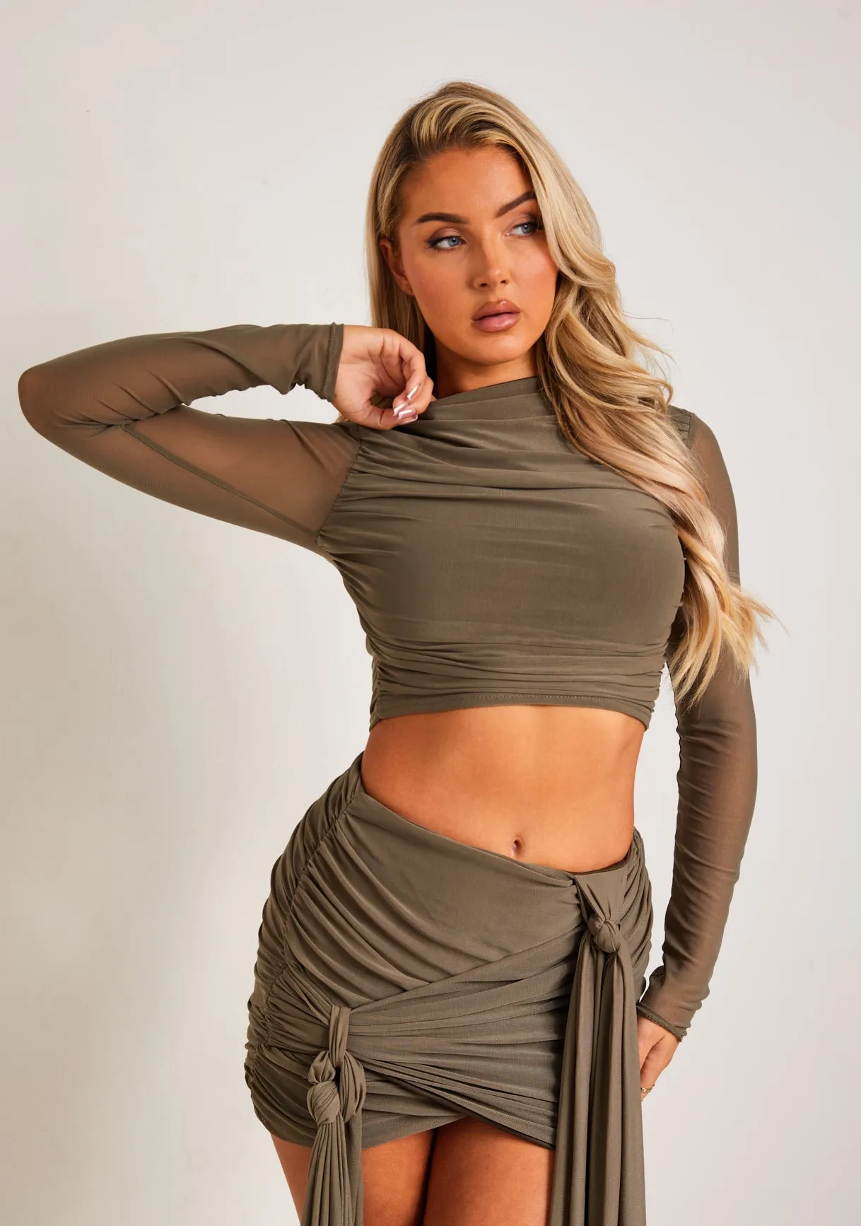 Mariah Khaki Mesh Long Sleeve Crop Top sold by Missy Empire