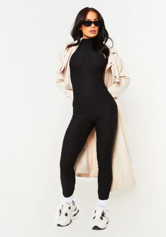 Laura Black Textured Zip Through Jumpsuit sold by Missy Empire