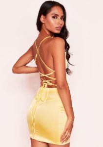 Aisha Yellow Cowl Lace Up Back Mini Dress sold by Missy Empire