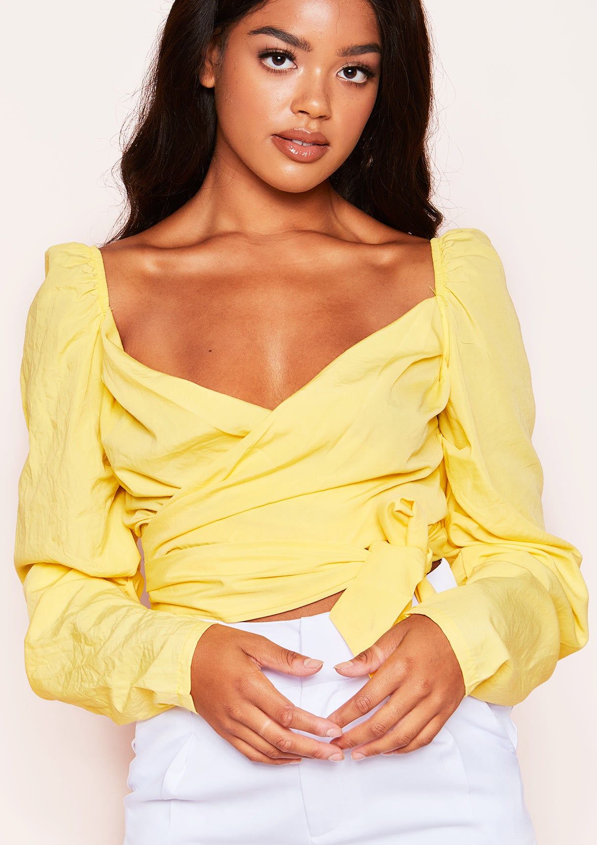 Irene Yellow Ruched Sleeve Wrap Front Crop Top sold by Missy Empire product image thumbnail 4