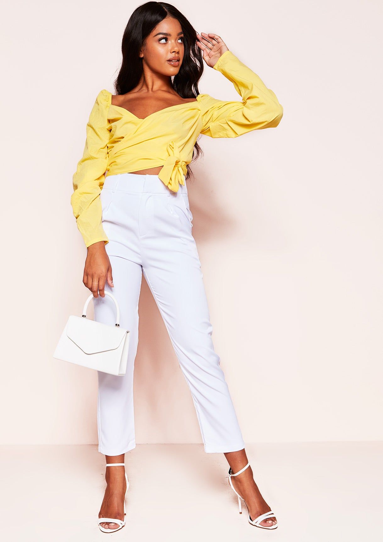 Irene Yellow Ruched Sleeve Wrap Front Crop Top sold by Missy Empire product image thumbnail 2