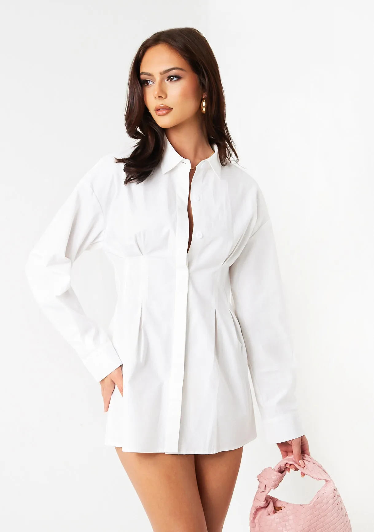 Maylah White Cinched Waist Mini Shirt Dress sold by Missy Empire