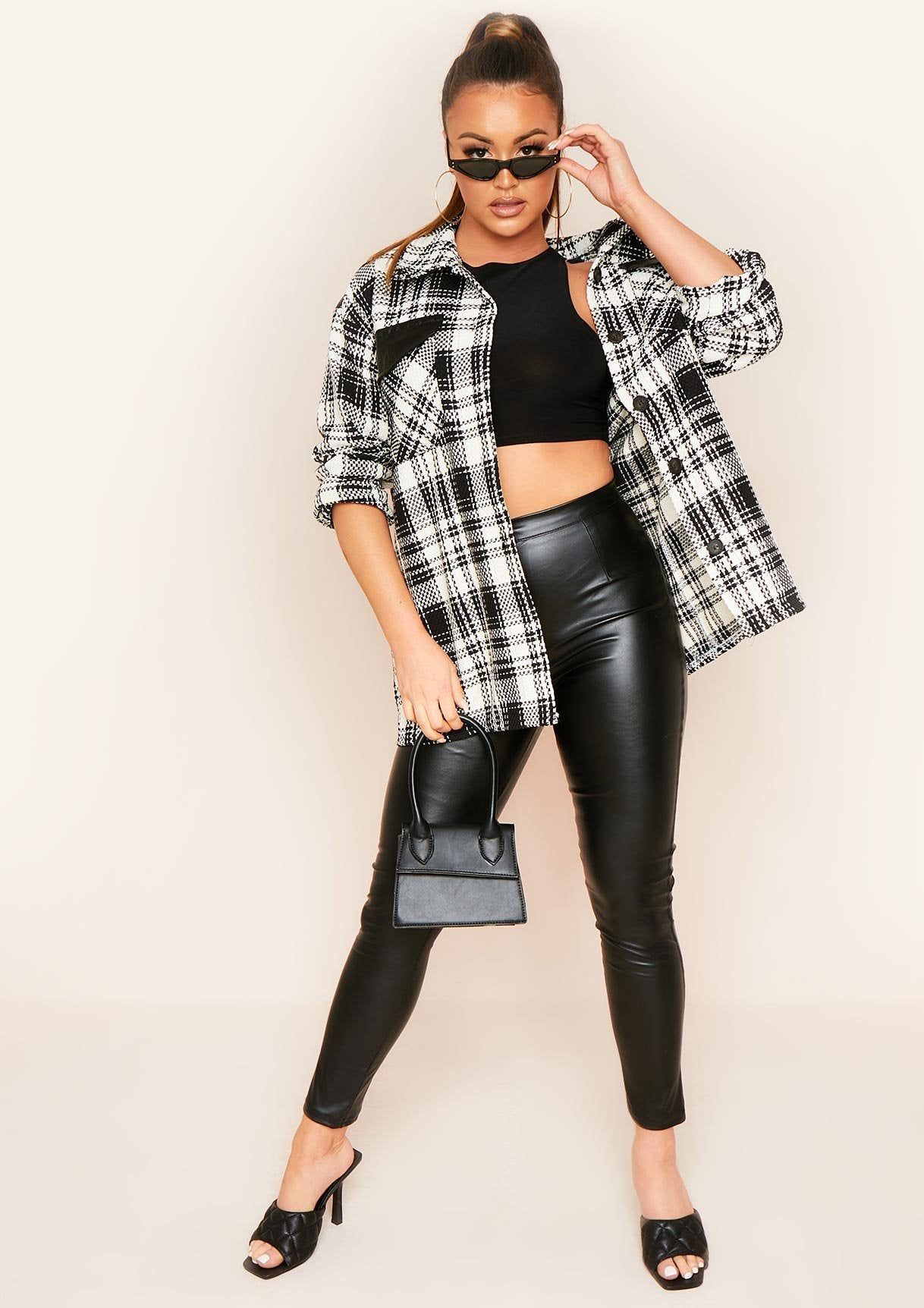 Taylor Black Faux Leather Check Print Longline Shacket sold by Missy Empire product image thumbnail 4