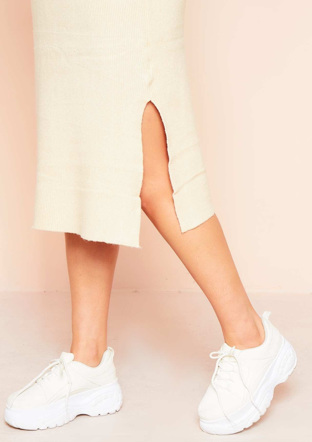 Lilia Beige Knitted Side Split Midi Dress sold by Missy Empire product image thumbnail 3