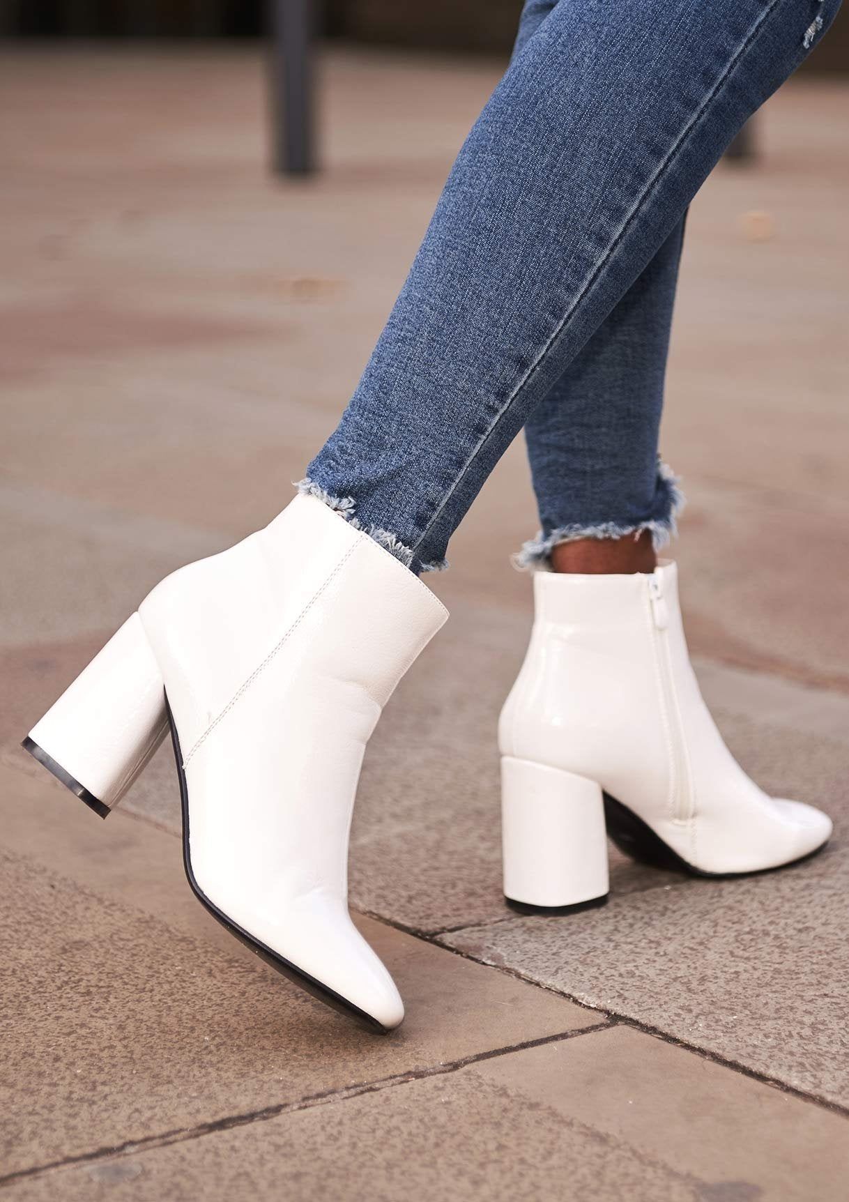Rowena White Patent Block Heeled Boots sold by Missy Empire