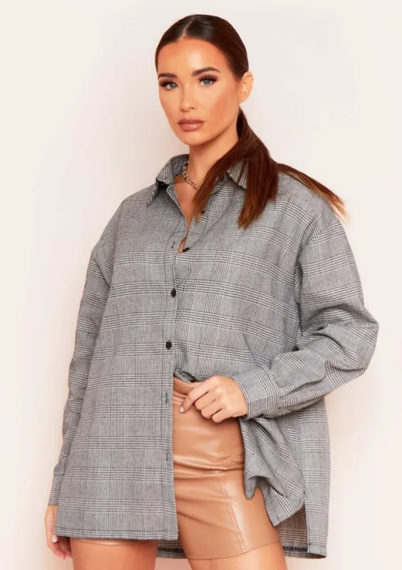 Sarah Grey Check Print Oversized Button Through Shirt sold by Missy Empire