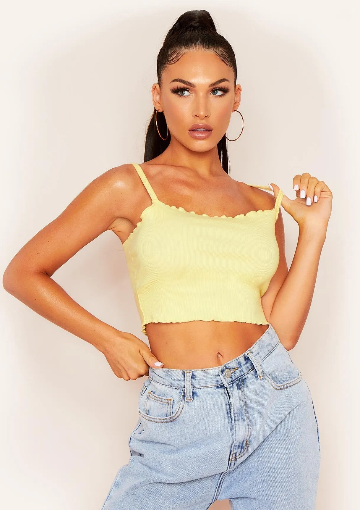 Faye Lemon Yellow Frill Hem Ribbed Crop Top sold by Missy Empire