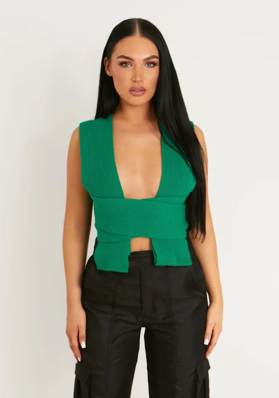Daphne Green Knitted Wrap Crop Top sold by Missy Empire