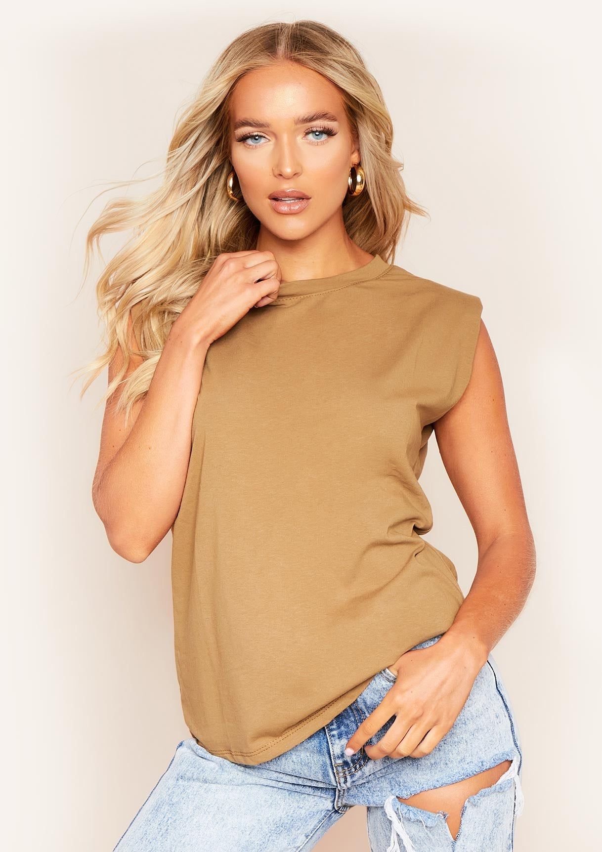 Susana Camel Padded Shoulder Oversized T-Shirt sold by Missy Empire