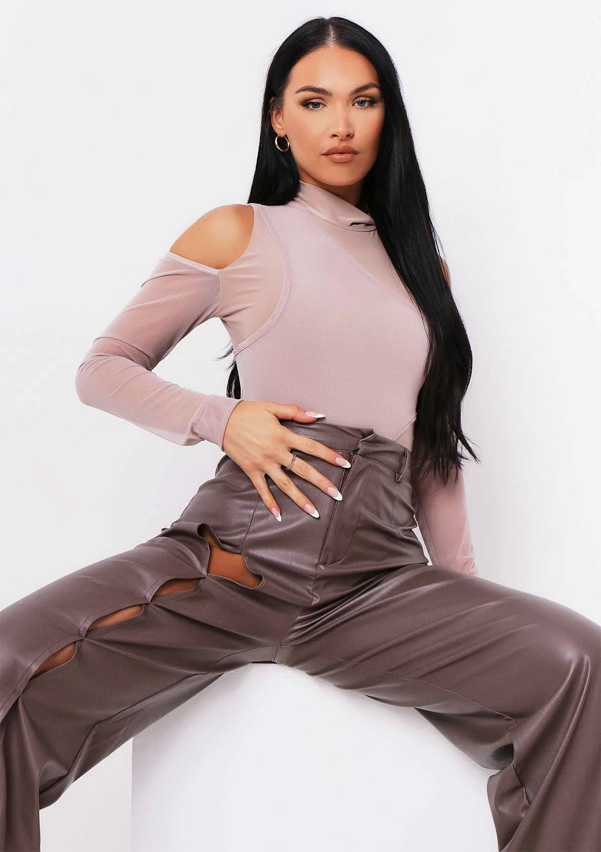 Alaia Sand Mesh Overlay Cut Out Bodysuit sold by Missy Empire product image thumbnail 3