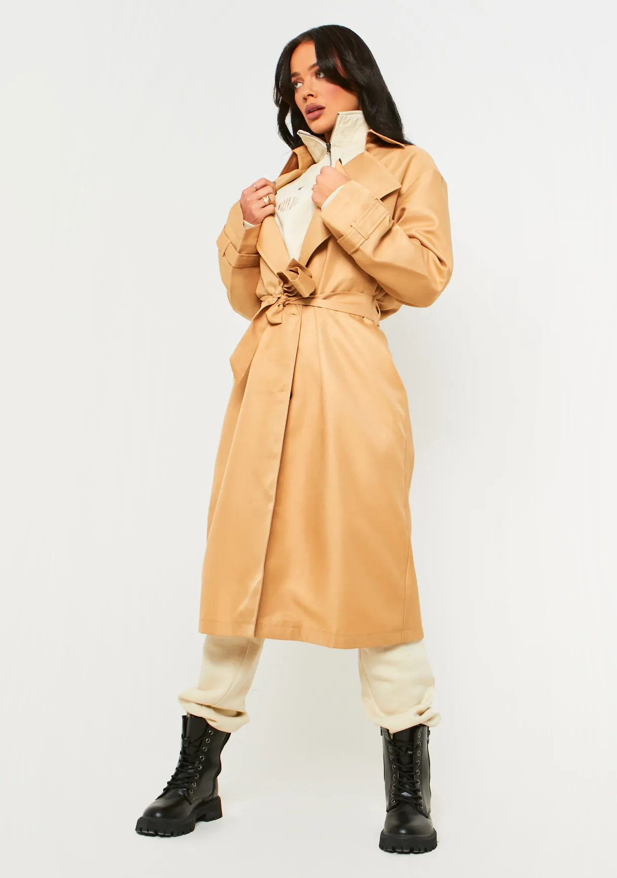 Janelle Beige Longline Classic Trench Coat sold by Missy Empire