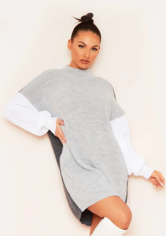 Milly Grey Colourblock Rib Knitted High Neck Jumper Dress sold by Missy Empire
