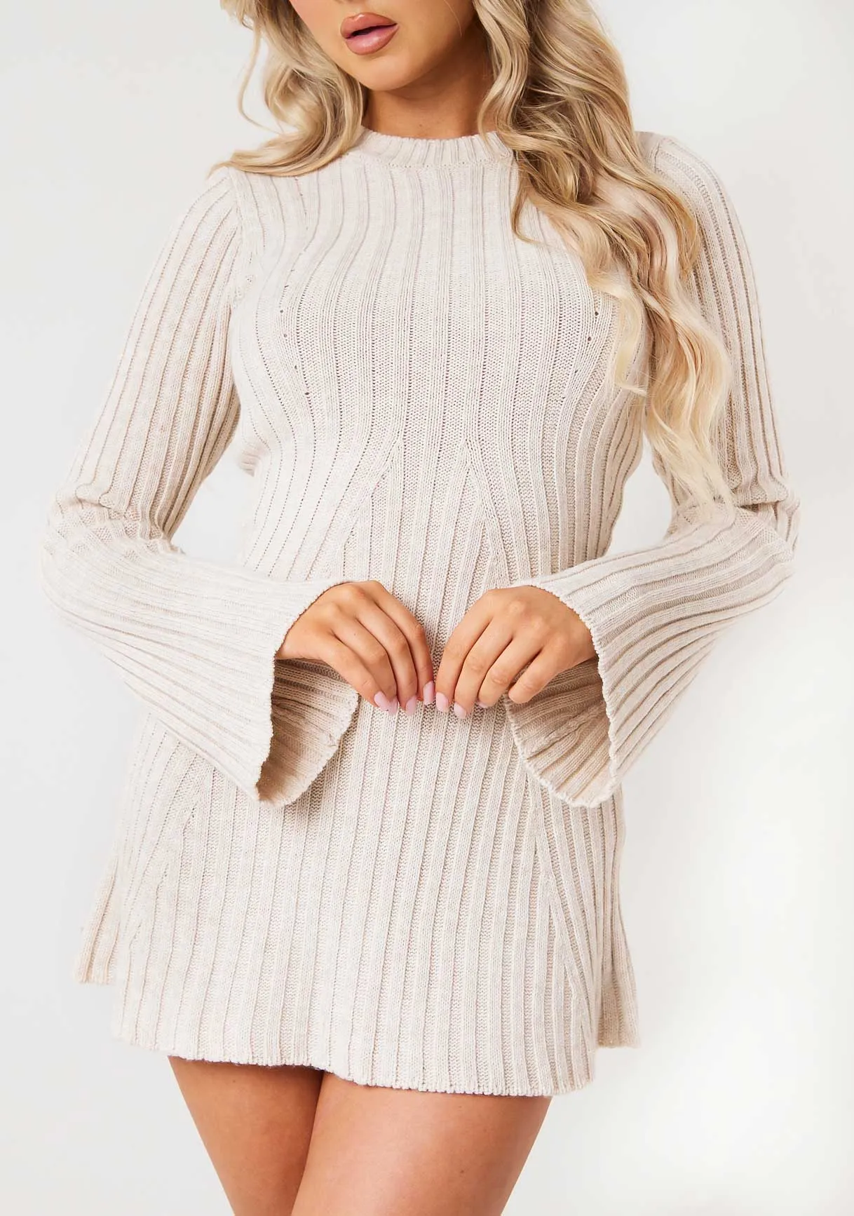 Harper Beige Rib Knit Flare Mini Dress sold by Missy Empire product image thumbnail 2