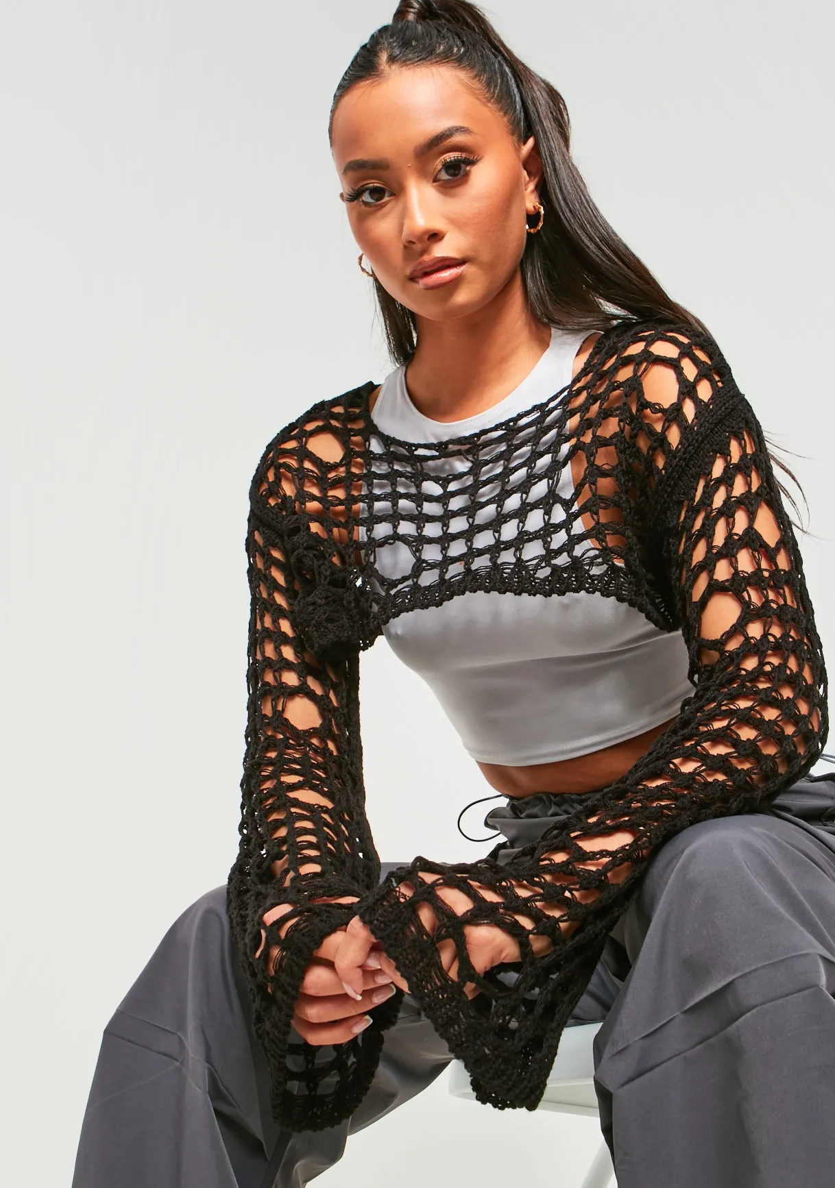 Marlowe Black Distressed Knit Long Sleeve Extreme Crop Top sold by Missy Empire product image thumbnail 2