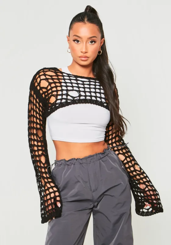 Marlowe Black Distressed Knit Long Sleeve Extreme Crop Top sold by Missy Empire