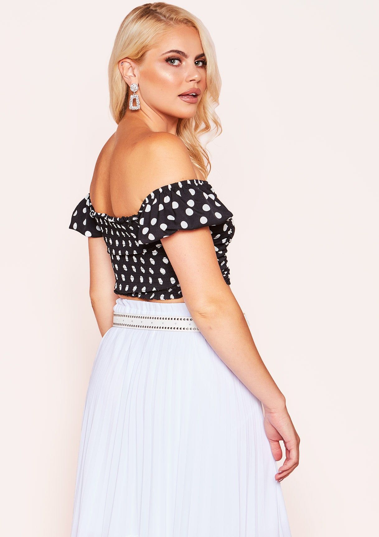 Kimberly Black Polkadot Bardot Crop Top sold by Missy Empire product image thumbnail 4