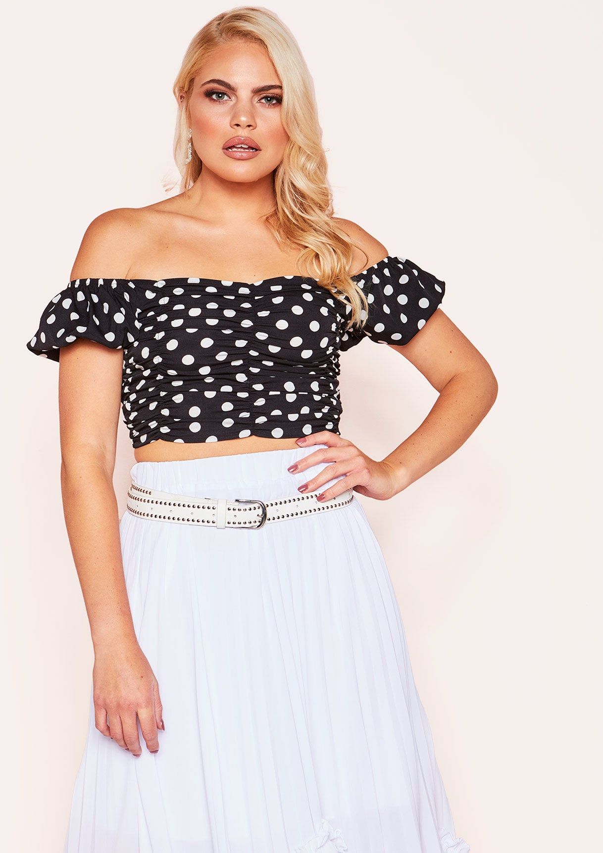 Kimberly Black Polkadot Bardot Crop Top sold by Missy Empire